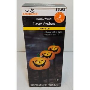 Celebrate Halloween Lawn Stakes 3 Pumpkin Lights Up Outdoor Decor Blow Mold‎ New
